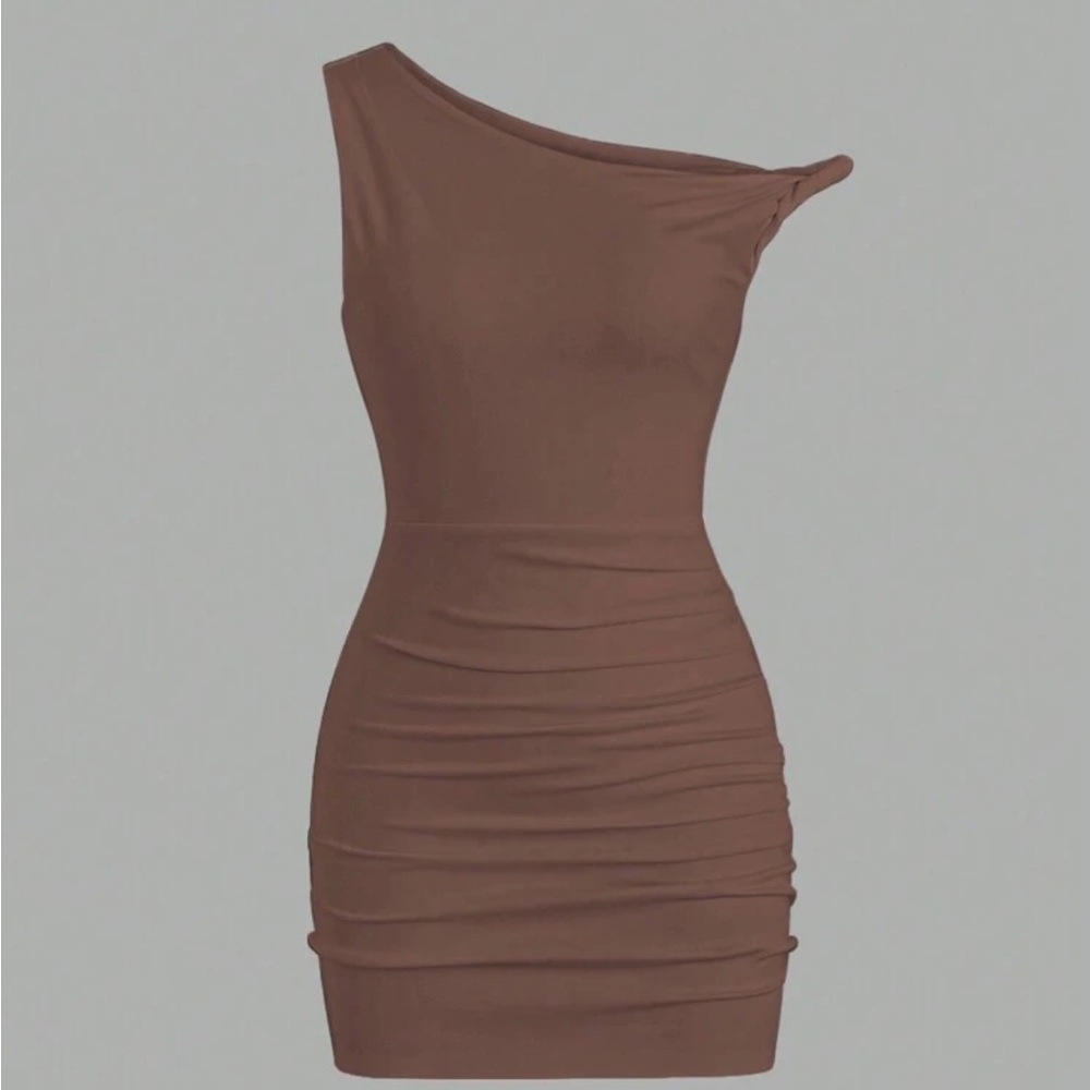 SHEIN Chic Brown One-Shoulder Mini Dress